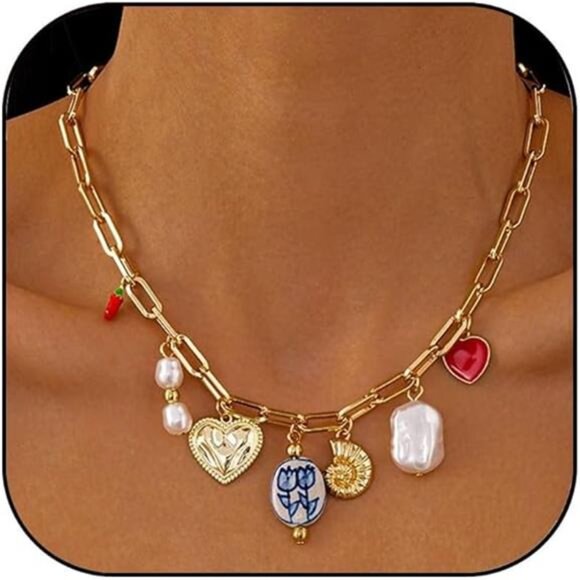 Gold Charm Necklace | Heart & Pearl Pendant | Trendy Ceramic Conch Summer - Picture 5 of 5
